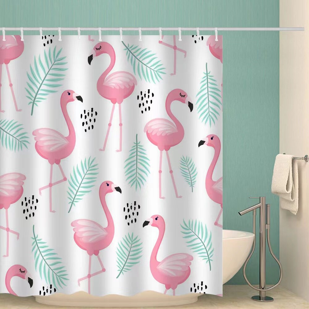 Lotus Flower And Green Leaf Flamingo Shower Curtain For Waterproof Bathroom Decor