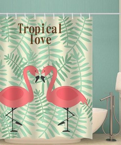 Lotus Flower And Green Leaf Flamingo Shower Curtain For Waterproof Bathroom Decor