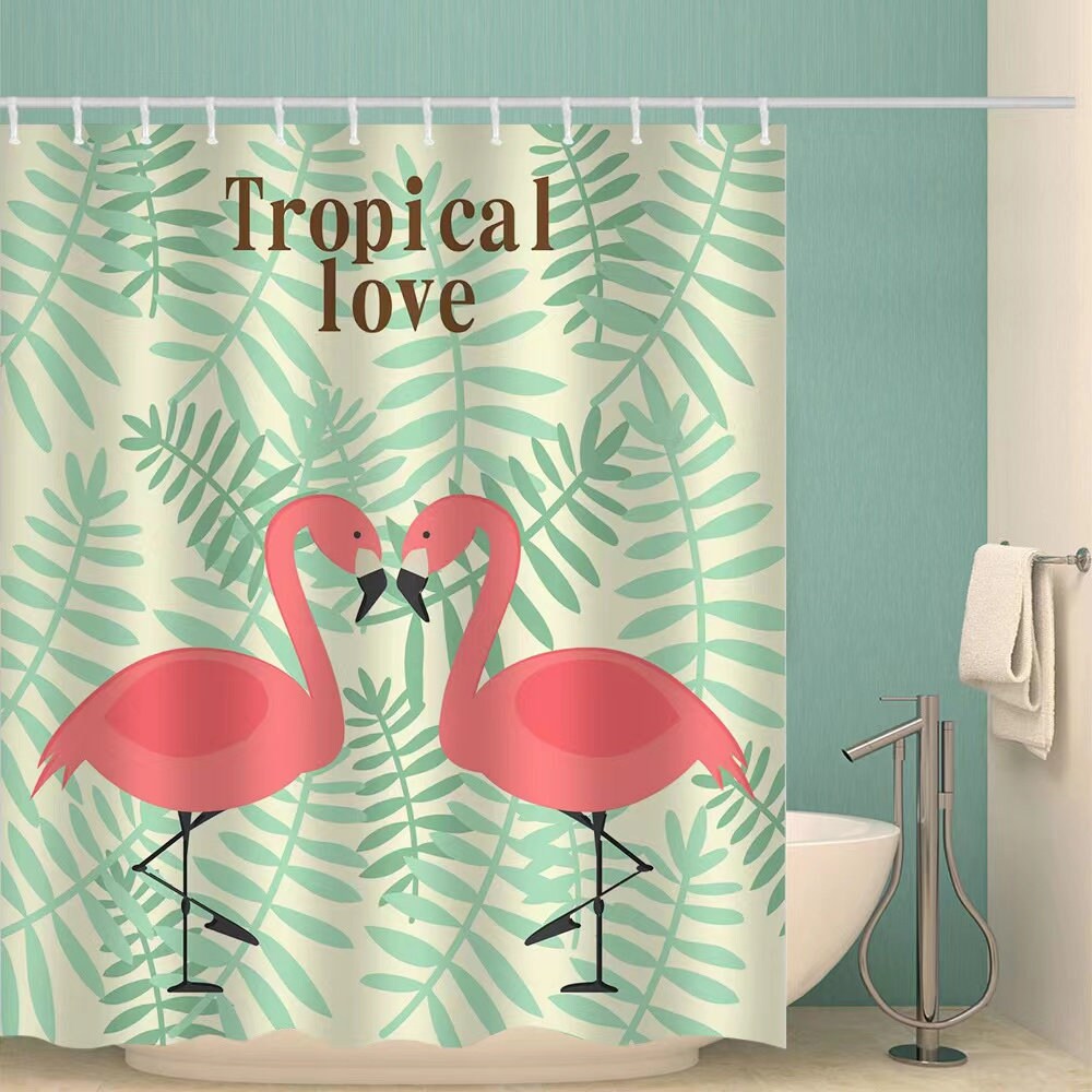 Lotus Flower And Green Leaf Flamingo Shower Curtain For Waterproof Bathroom Decor