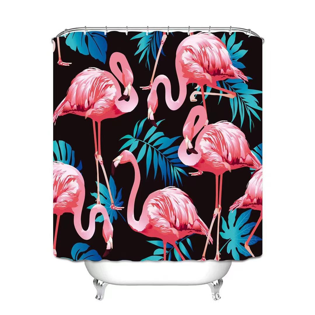 Lotus Flower And Green Leaf Flamingo Shower Curtain For Waterproof Bathroom Decor