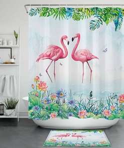 Lotus Flower, Flamingo, and Green Leaf Print Shower Curtain for a Chic Bathroom