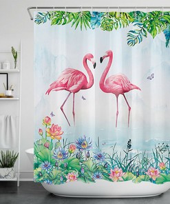 Lotus Flower, Flamingo, and Green Leaf Print Shower Curtain for a Chic Bathroom