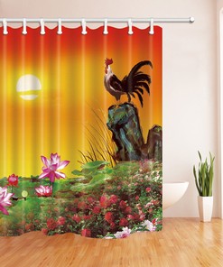 Lotus Flowers Farm Rooster Waterproof Shower Curtain with Rose Floral Design for Bathroom Decor, Fabric Curtain