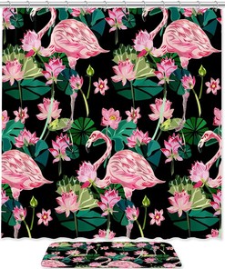 Lotus Leaves Flamingo Pattern Shower Curtain with Waterproof Fabric and Bathroom Curtain 