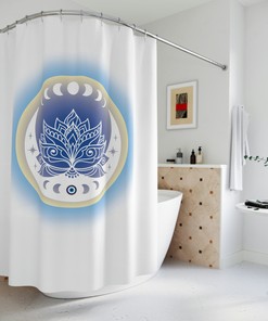 Lotus Moon Shower Curtain with Aura Energy Bath and Evil Eye Protection Design, Waterproof Fabric Bathroom Curtain
