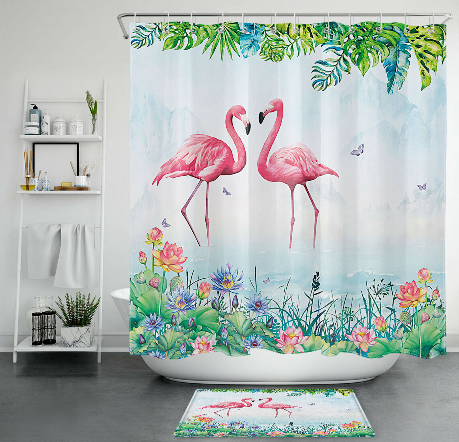 Lotus Plant Shower Curtain for Summer Flamingo Butterfly Bathroom