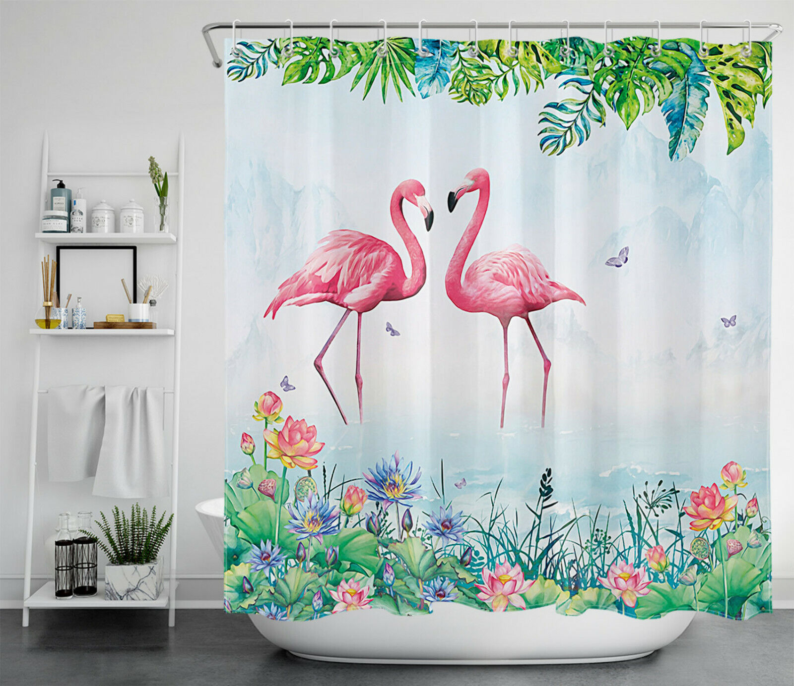 Lotus Plant Shower Curtain for Summer Flamingo Butterfly Bathroom