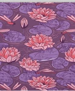 Lotus and Dragonfly Shower Curtain with Bathroom Decorative Durable Fabric and Waterproof Design 