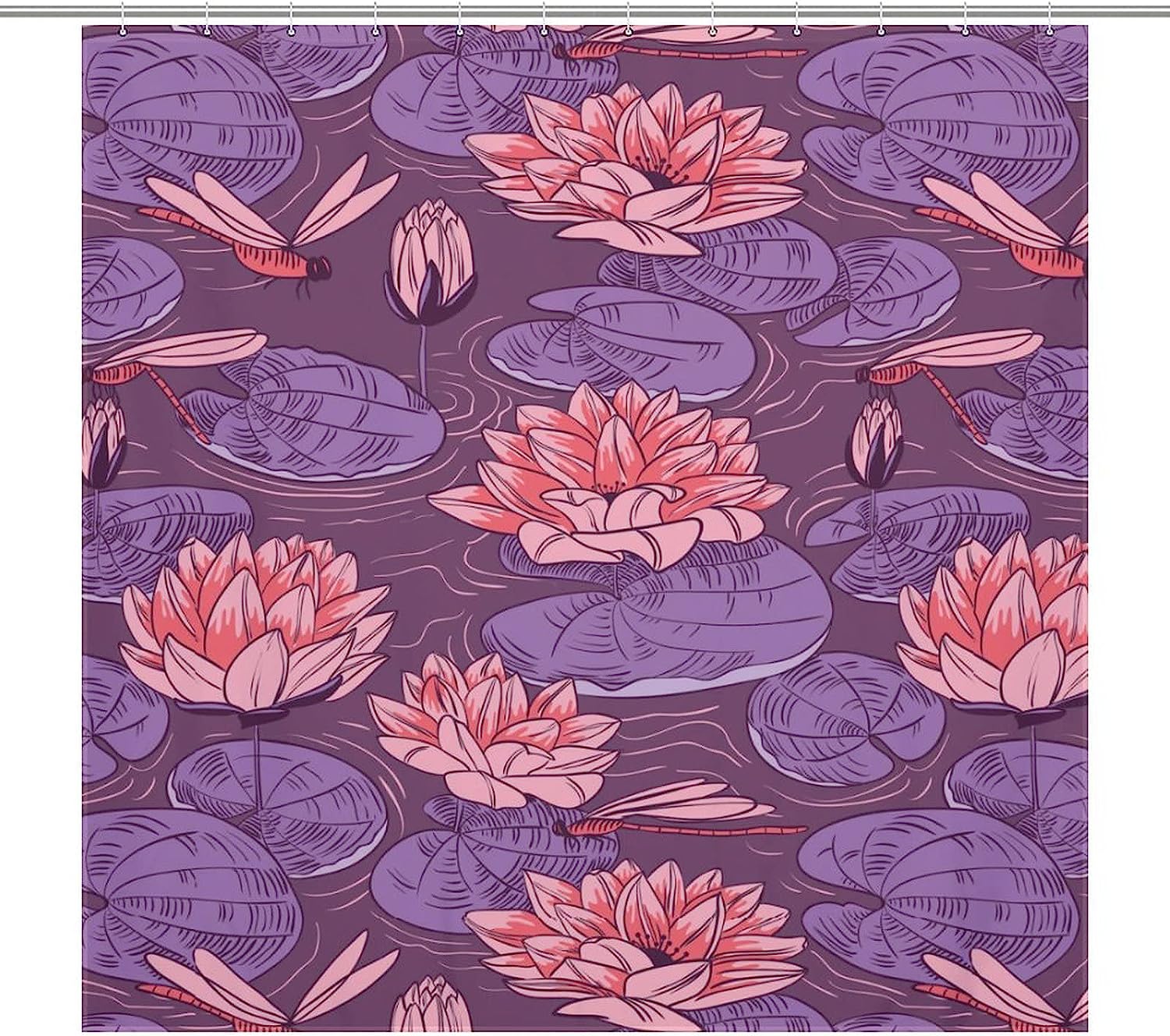 Lotus and Dragonfly Shower Curtain with Bathroom Decorative Durable Fabric and Waterproof Design