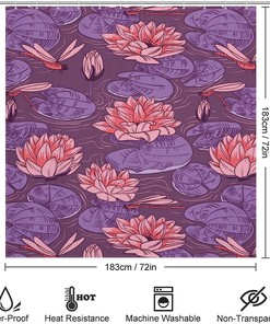 Lotus and Dragonfly Shower Curtain with Bathroom Decorative Durable Fabric and Waterproof Design