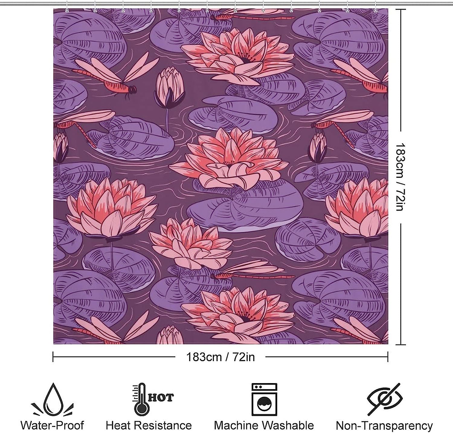 Lotus and Dragonfly Shower Curtain with Bathroom Decorative Durable Fabric and Waterproof Design