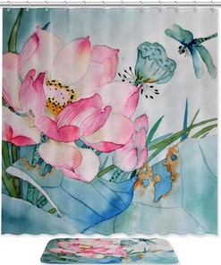 Lotus and Dragonfly Shower Curtain with Waterproof Bathroom Decors and Nature Theme Design 