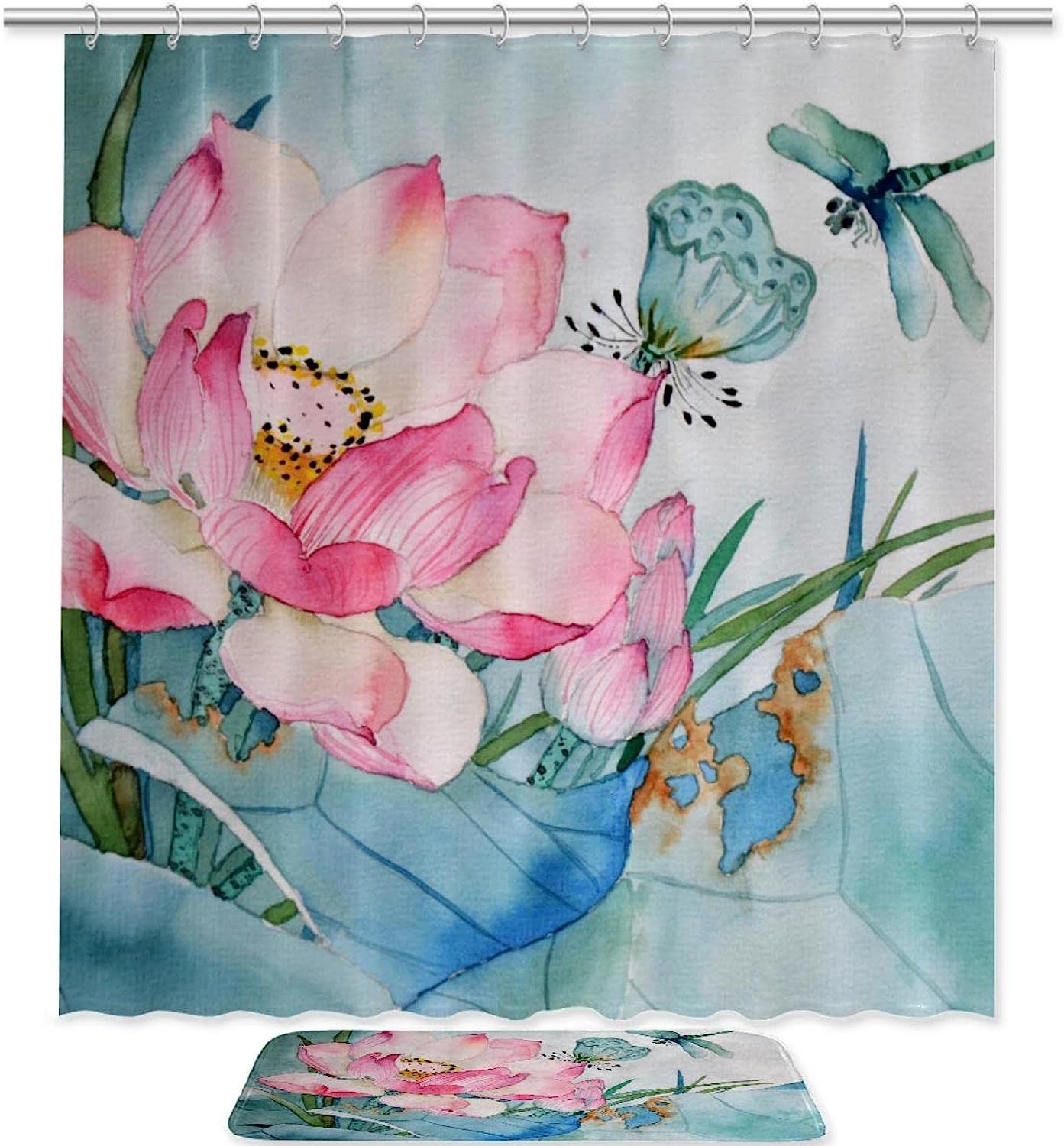 Lotus and Dragonfly Shower Curtain with Waterproof Bathroom Decors and Nature Theme Design