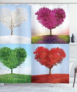 Love And Adoration Themed Illustration Shower Curtain With Heart Shaped Trees In 4 Seasons Of Year