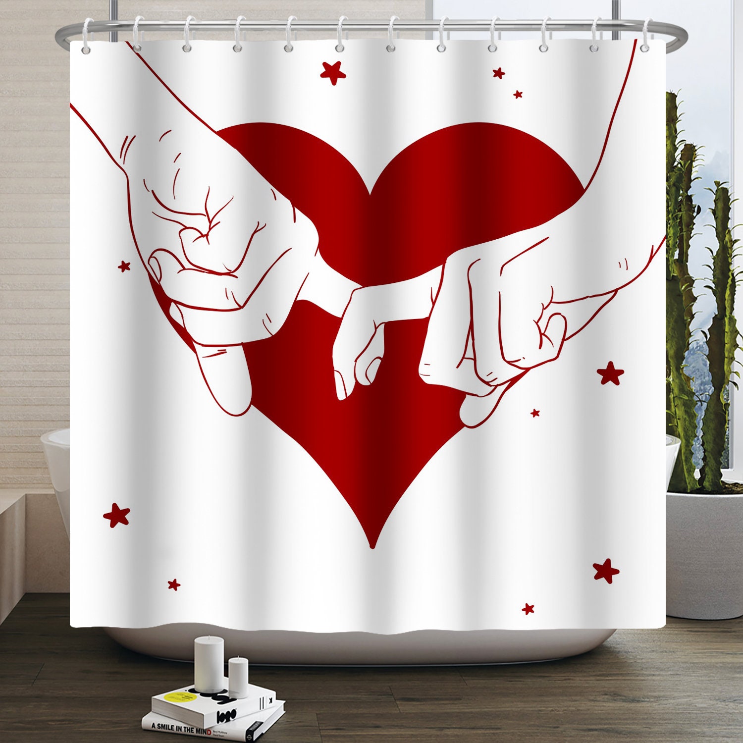 Love Balloon Valentine's Day Shower Curtain with Floating Heart Balloon Design and Bathroom Decorative Idea