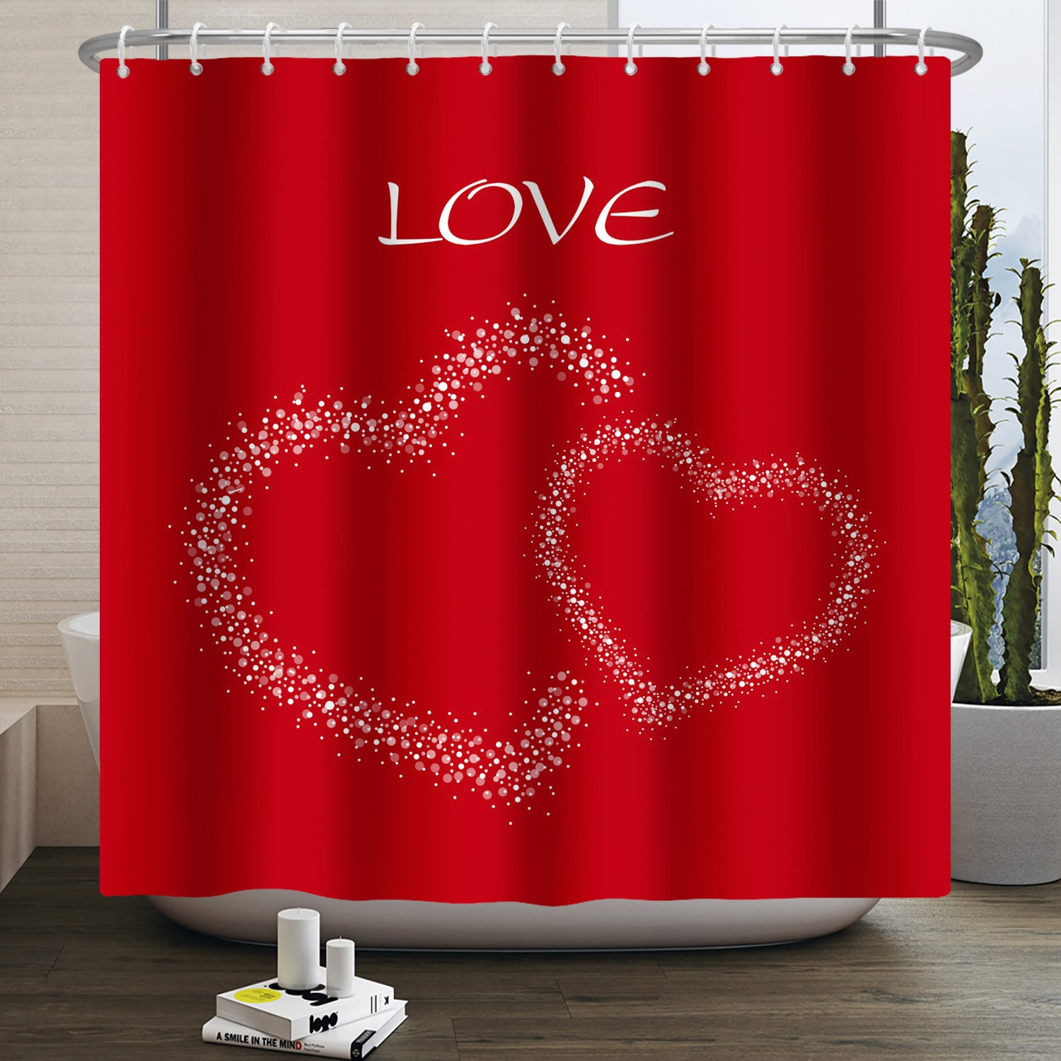 Love Balloon Valentine's Day Shower Curtain with Floating Heart Balloon Design and Bathroom Decorative Idea