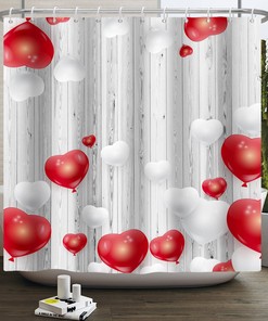 Love Balloon Valentine's Day Shower Curtain with Floating Heart Balloon Design and Bathroom Decorative Idea