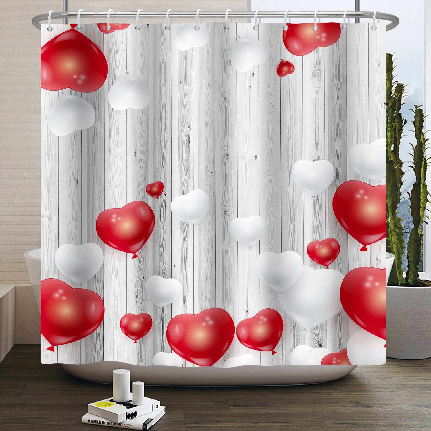 Love Balloon Valentine's Day Shower Curtain with Floating Heart Balloon Design and Bathroom Decorative Idea