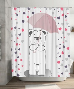 Love Bears Shower Curtain Under The Umbrella, Romantic Bathtub Decorative Fabric Waterproof Curtain 