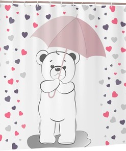 Love Bears Shower Curtain Under The Umbrella, Romantic Bathtub Decorative Fabric Waterproof Curtain