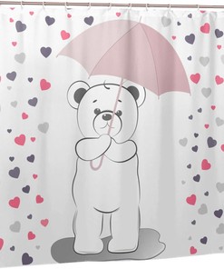 Love Bears Shower Curtain Under The Umbrella, Romantic Bathtub Decorative Fabric Waterproof Curtain 