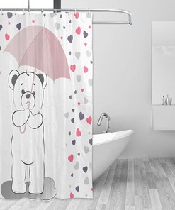 Love Bears Shower Curtain Under The Umbrella, Romantic Bathtub Decorative Fabric Waterproof Curtain 