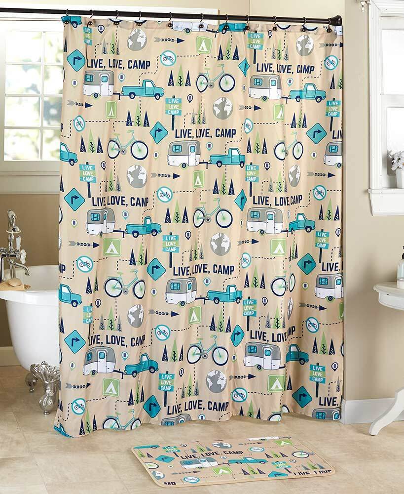 Love Camping Shower Curtain with Hooks Set