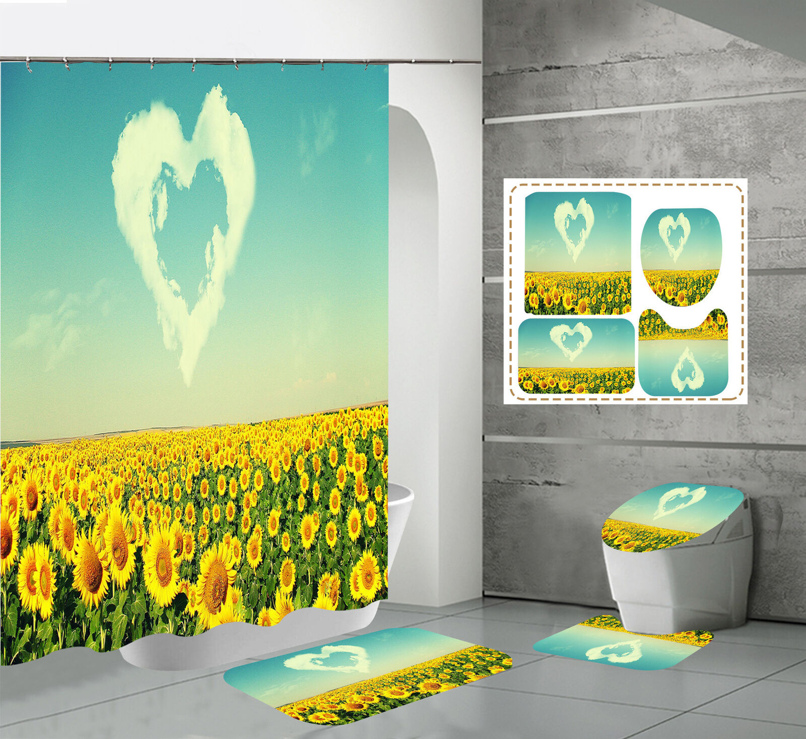 Love Cloud Sunflower Shower Curtain with Bathroom Waterproof Fabric and Loving Themes