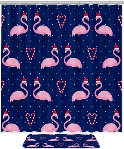 Love Flamingo with Chirstmas Hat Pattern Shower Curtain with Fabric Machine Washable and Festive Design Set