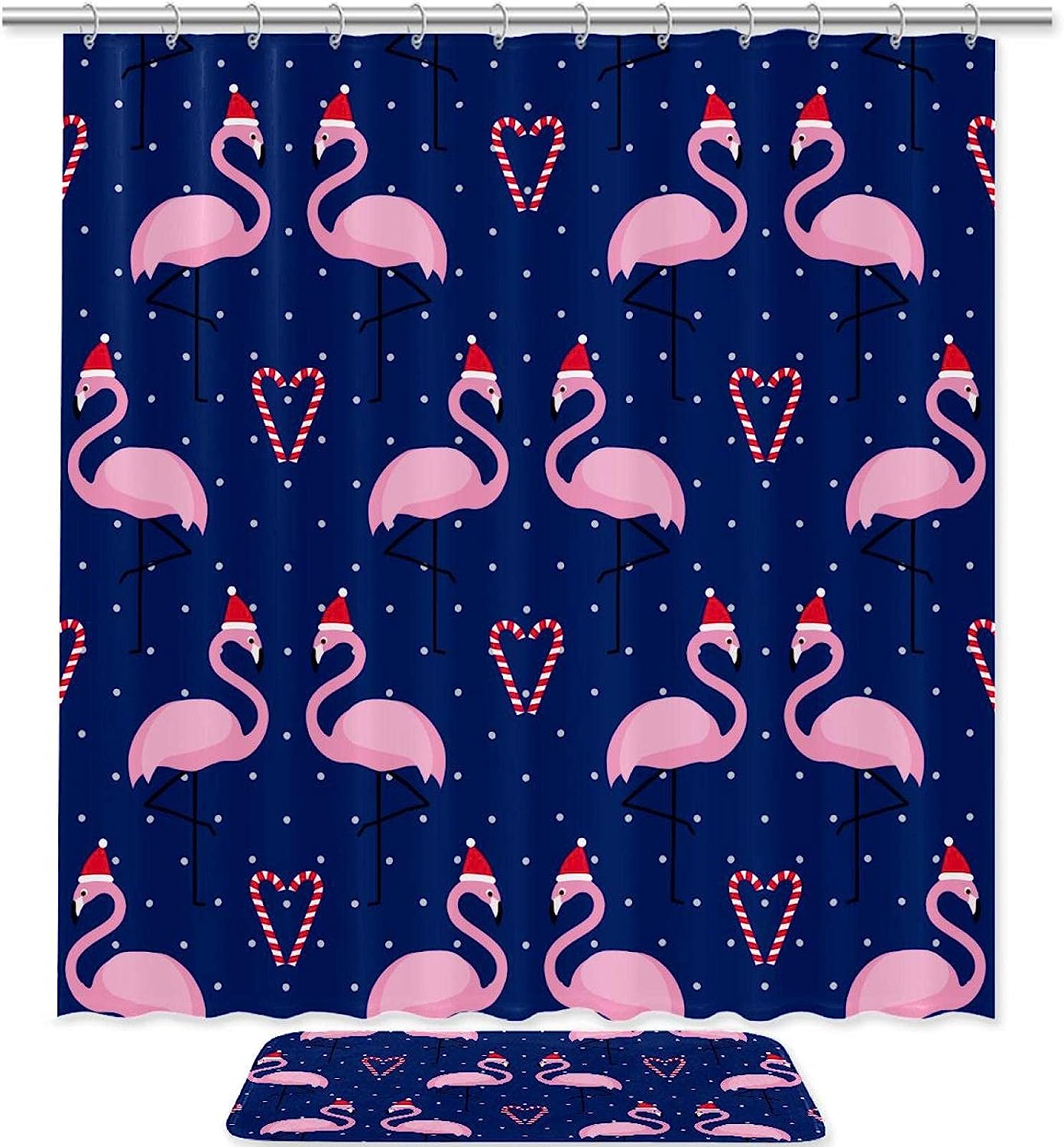 Love Flamingo with Chirstmas Hat Pattern Shower Curtain with Fabric Machine Washable and Festive Design Set