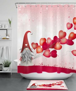 Love Heart Balloons Gnome Waterproof Shower Curtain for Bathroom Decor on Valentine's Day