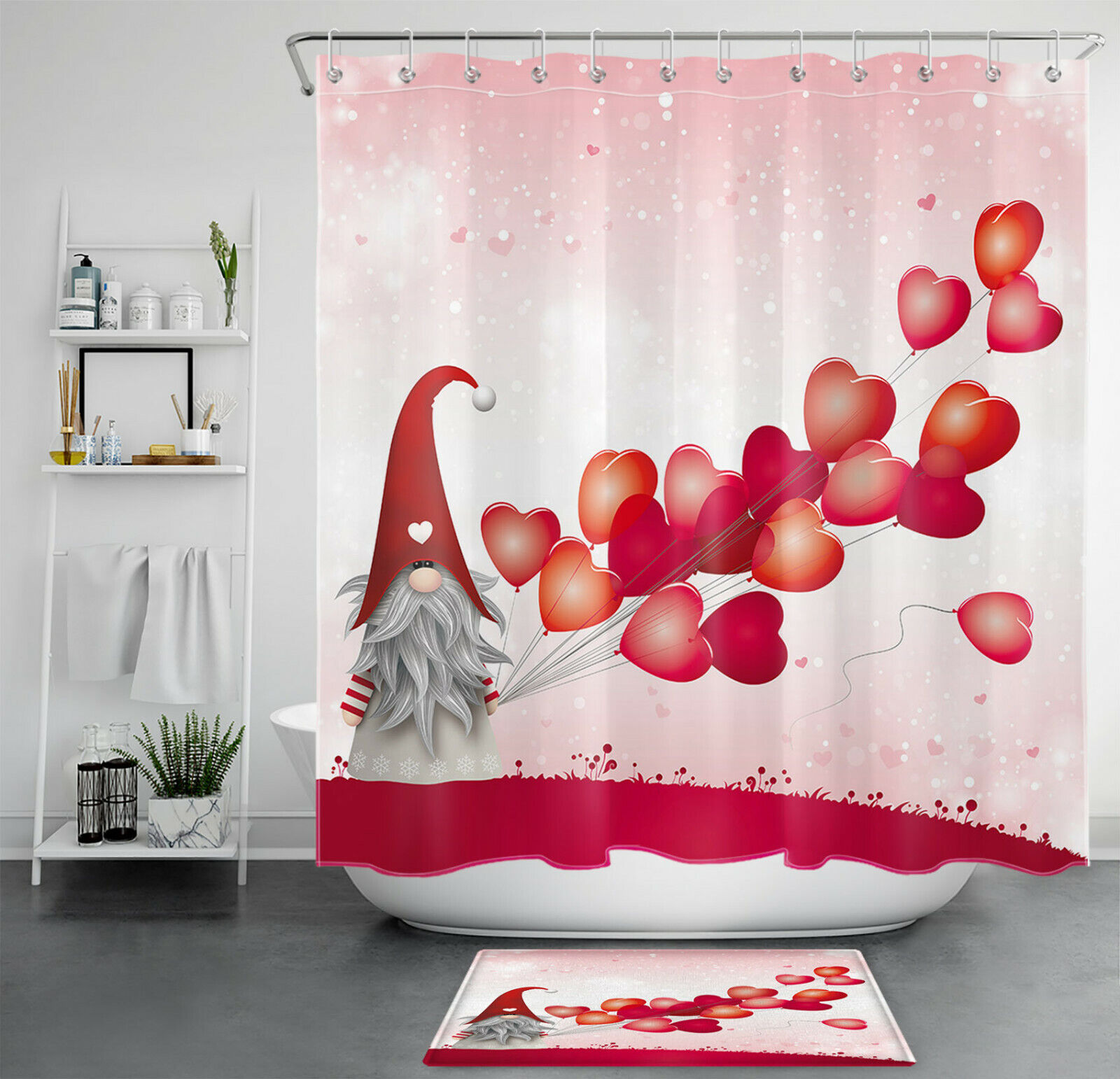 Love Heart Balloons Gnome Waterproof Shower Curtain for Bathroom Decor on Valentine's Day