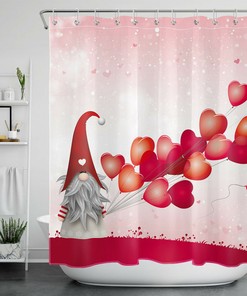 Love Heart Balloons Gnome Waterproof Shower Curtain for Bathroom Decor on Valentine's Day