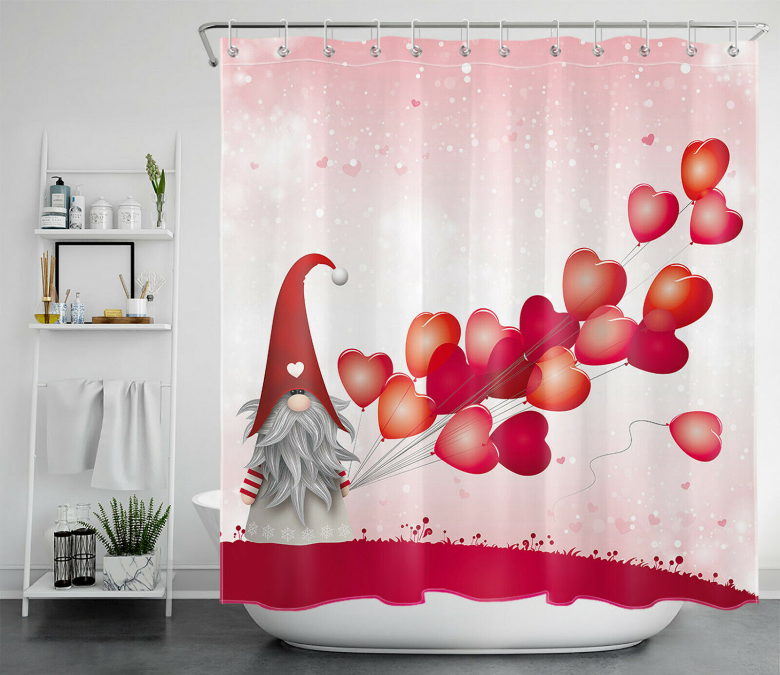 Love Heart Balloons Gnome Waterproof Shower Curtain for Bathroom Decor on Valentine's Day