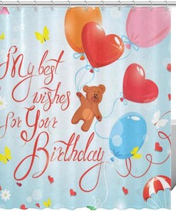 Love Heart Bear Happy Birthday Fabric Shower Curtain for Bathroom Decor