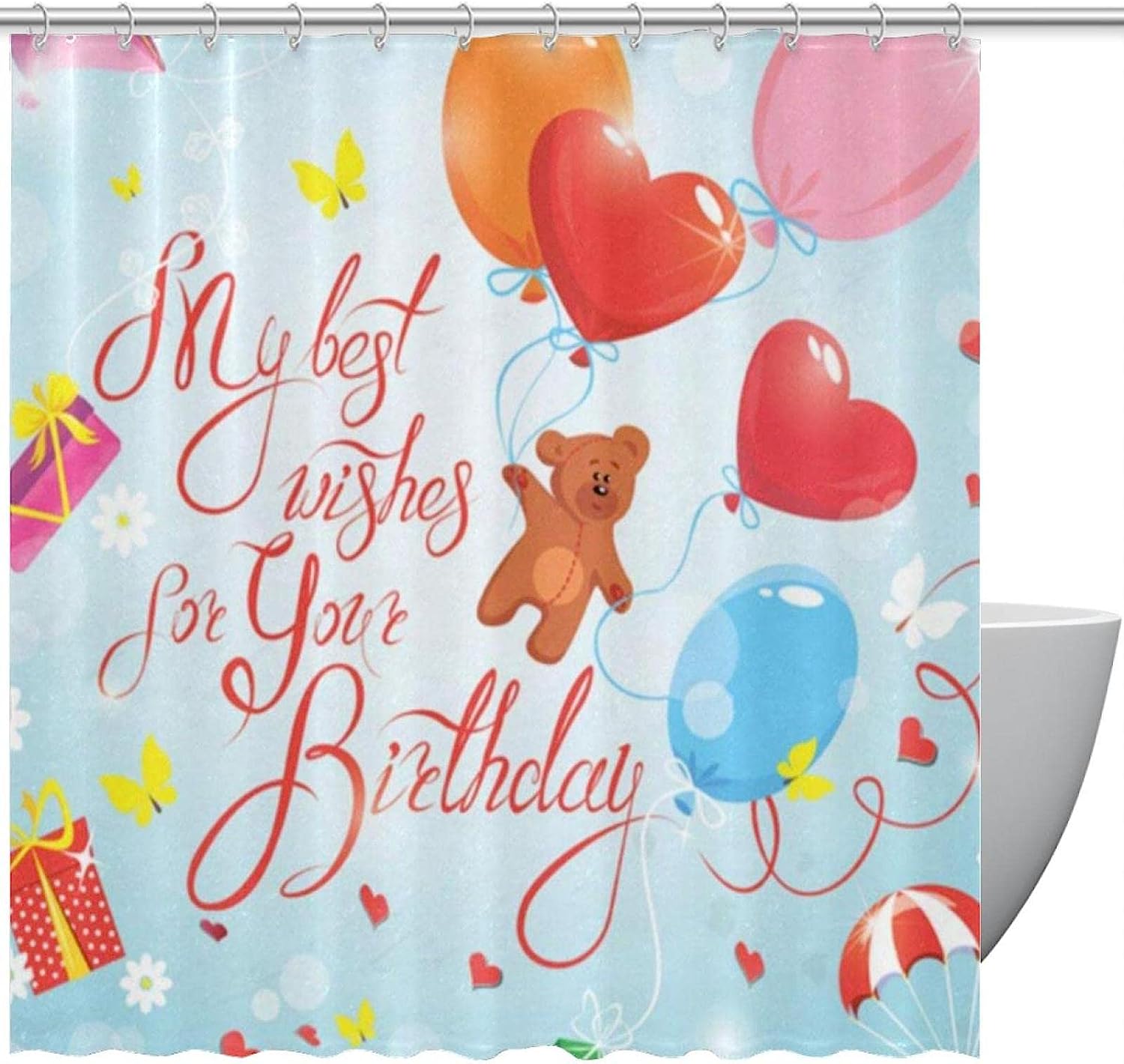 Love Heart Bear Happy Birthday Fabric Shower Curtain for Bathroom Decor