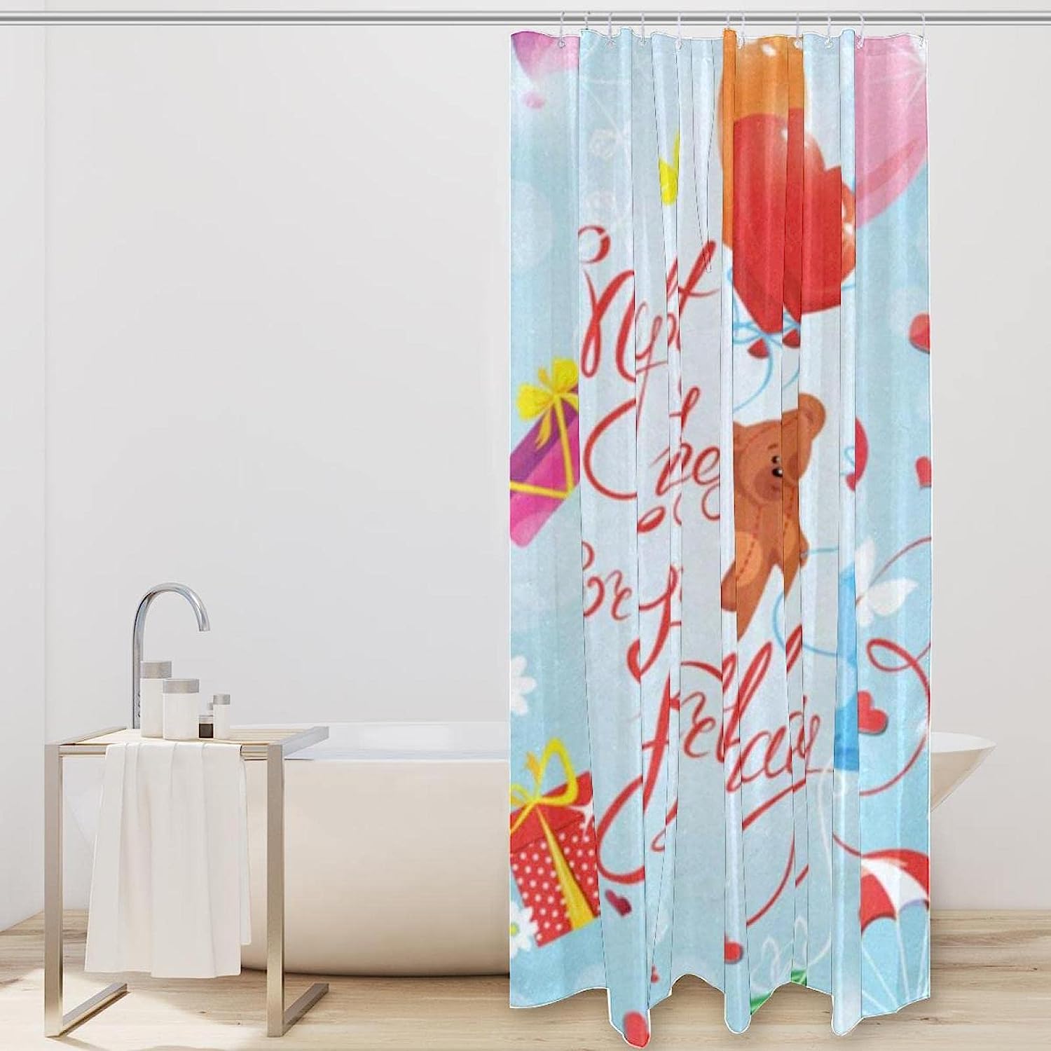 Love Heart Bear Happy Birthday Fabric Shower Curtain for Bathroom Decor