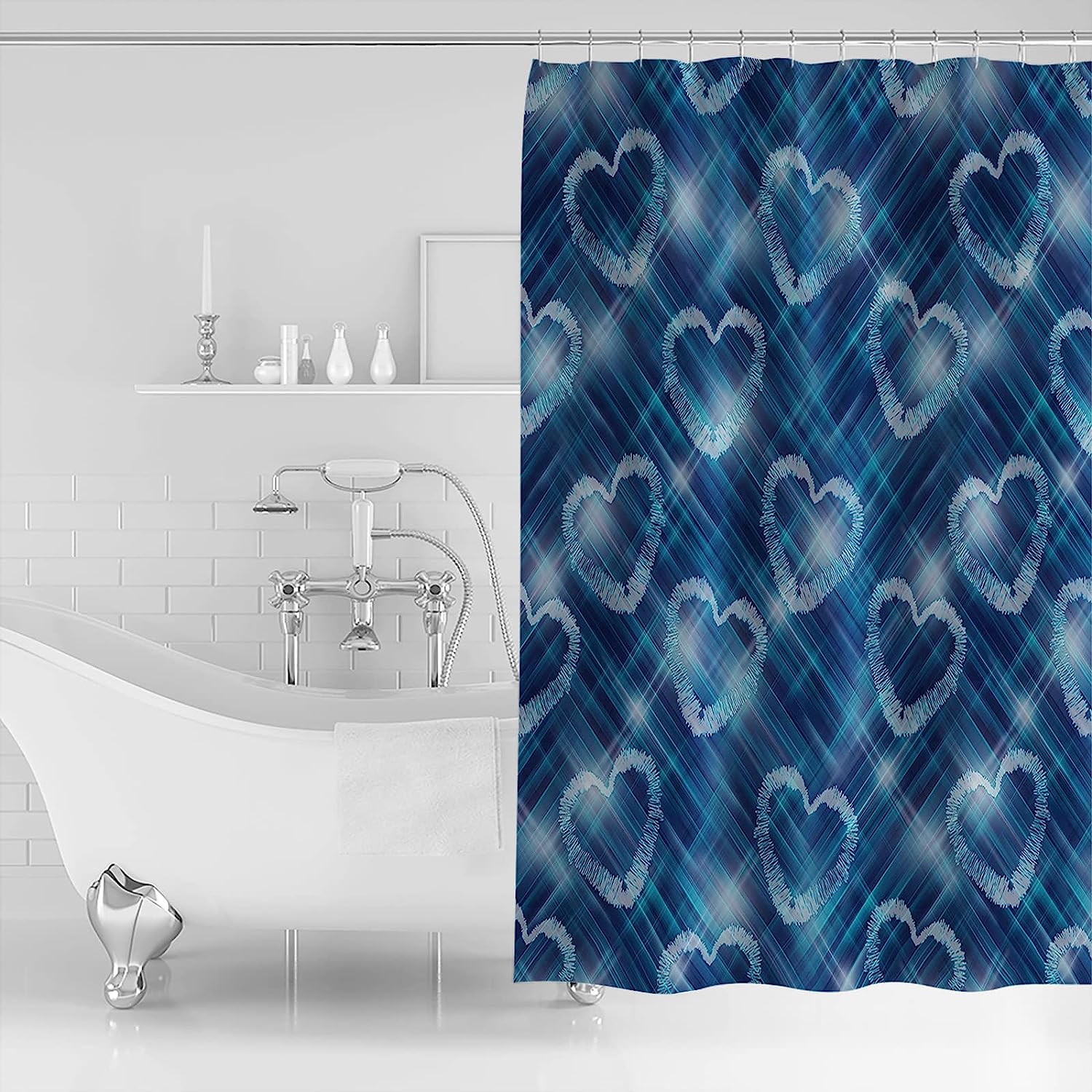 Love Heart Blue Ombre Striped Shower Curtain With Flirty Details For A Romantic Atmosphere - Image 3