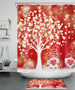Love Heart Gnome Gold Red Shower Curtain for Bathroom Decor on Valentine's Day
