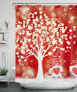 Love Heart Gnome Gold Red Shower Curtain for Bathroom Decor on Valentine's Day