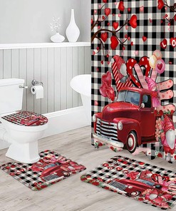 Love Heart Gnomes Truck Roses Burlap Shower Curtain | Valentine's Day Waterproof Bathroom Decor