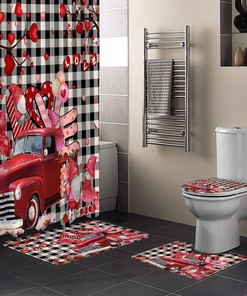 Love Heart Gnomes Truck Roses Burlap Shower Curtain | Valentine's Day Waterproof Bathroom Decor