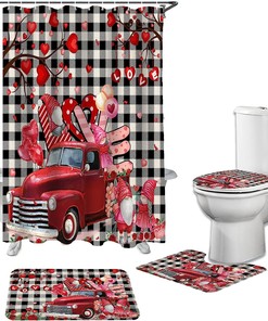 Love Heart Gnomes Truck Roses Burlap Shower Curtain | Valentine's Day Waterproof Bathroom Decor