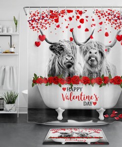 Love Heart Highland Cow Shower Curtain Bathroom Accessories Set with Red Rose Print