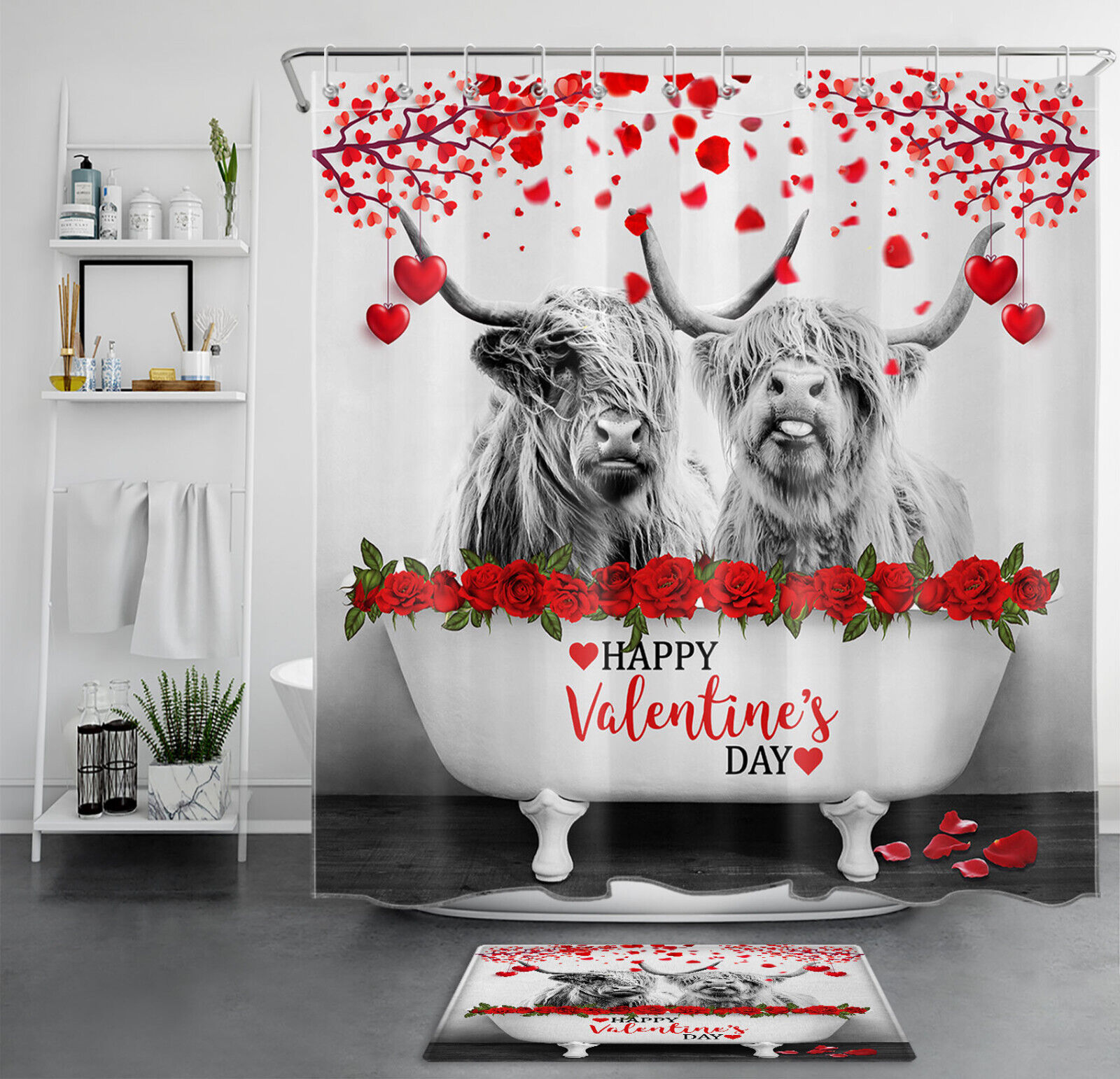 Love Heart Highland Cow Shower Curtain Bathroom Accessories Set with Red Rose Print