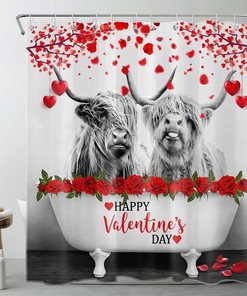Love Heart Highland Cow Shower Curtain Bathroom Accessories Set with Red Rose Print