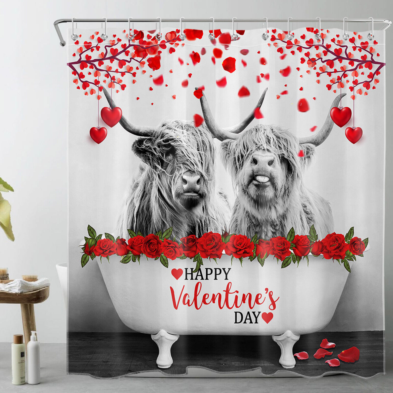 Love Heart Highland Cow Shower Curtain Bathroom Accessories Set with Red Rose Print