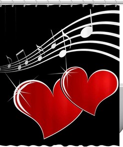 Love Heart Music Notes Red Fabric Shower Curtain for Bathroom Decor