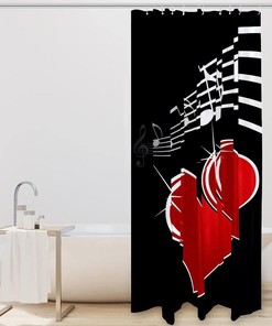 Love Heart Music Notes Red Fabric Shower Curtain for Bathroom Decor