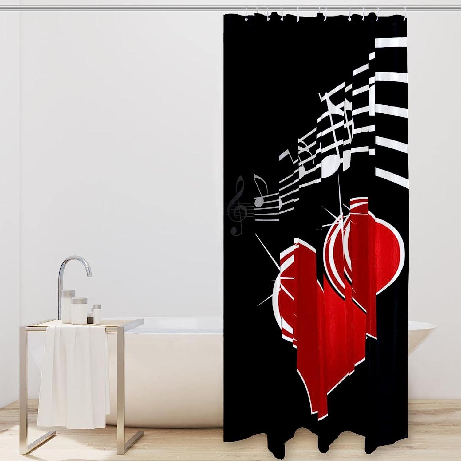 Love Heart Music Notes Red Fabric Shower Curtain for Bathroom Decor